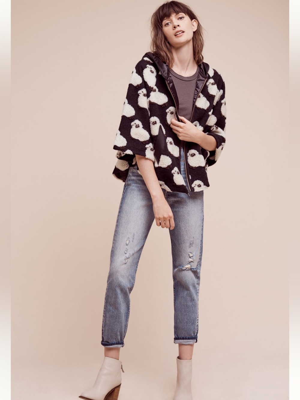 Anthropologie Eva Franco Hooded Lamb Cape Black & Cream Hooded Jacket XS / S